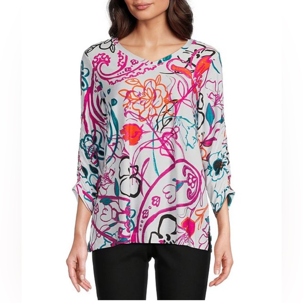 Ali Miles Abstract Floral V-Neck 3/4 Cinch Sleeve‎ Tunic XL